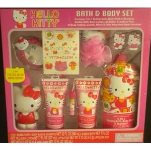 Hello Kitty Bath & Body Set Bubble Bath Wash Shampoo Tattoos Lip Gloss ++