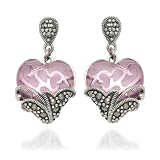 Sterling Silver Marcasite and Pink Glass Heart Earrings