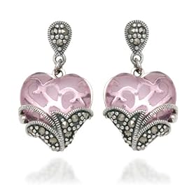 Sterling Silver Marcasite and Pink Glass Heart Earrings by Amazon.com Collection