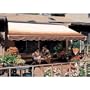 Sunsetter Pro Motorized Awning (12 Ft / Coffee Stripe) With Traditional Laminated Fabric With Right Mounted Motor And Wall Bracket