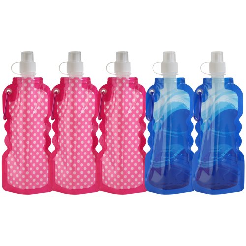 5pcs Reusable, Collapsible, Foldable Water Bottles BPA Free (5pcs Set: 3Pink Dots, 2 Blue Wave)
