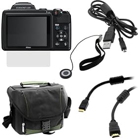GTMax Clear LCD Screen Protector + Black Camera Nylon Case + 5 Feet Mini-B 8Pin Cable + 6 Feet Mini HDMI M/M Cable + Camera Lens Cap Holder for Nikon COOLPIX L120