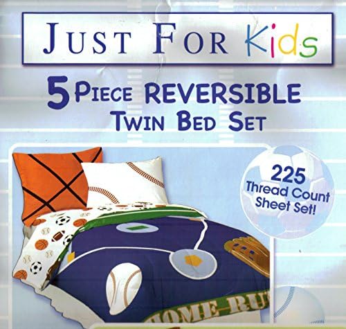 Sports Fan 5 Piece Reversible Twin Bed Set Comforter Sheet, Baseball Basketball Football Soccer
