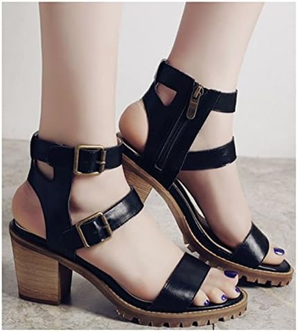Zensen Women's NEW Roman chunky heels ankle buckle Sandals Peep Toe Gladiator Strappy Shoes US 7.5 Black