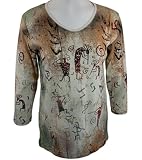 Cactus Bay Apparel Rhinestone Accented, Western Themed, Attractively Printed, 3/4 Sleeve V-Neck, Beige Colored Cotton Woman's Fashion Top - Kokopelli