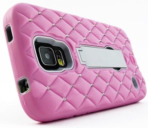 myLife (TM) Bubblegum Pink and Light Gray - Diamond Shock Suit Survivor Series (Built in Kickstand + Easy Grip Silicone) 3 Piece + 2 Layer Case for NEW Galaxy S5 (5g) Smartphone By Samsung (External Flex Silicone Bumper Gel + Internal 2 Piece Rubberized Snap Fitted Armor Protector + Shock Absorbing Material + Sealed Inside myLife Authorized Packaging)