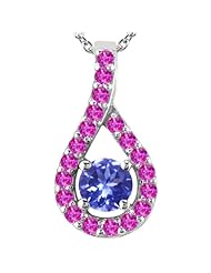 0.36 Ct Round Blue Tanzanite Pink Sapphire 14K White Gold Pendant with 18" Chain
