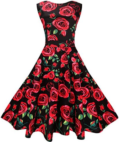 MaggieX Vintage 1950's Floral Sleeveless Cotton Vintage Garden Party Cocktail Dress (L, Q001-3)