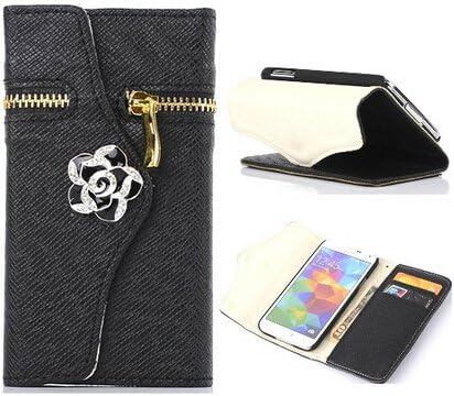 Ezydigital Luxury Zipper Leather Flip Wallet Hybrid Case With Rose Leather Case Cover For Samsung Galaxy S5,Black
