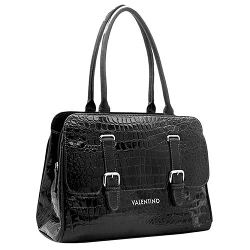 Valentino Black Reptile Textured Handbag Purse With Buckles