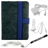 Amazon Kindle 2 Gray/Blue Faux Canvas e-Book Reader Carrying Case Cover Melrose Series + Indlues a 4-Inch Determination Hand Strap + Includes a 3 in 1 Combo Travel kit of a Home and Car Charger with a USB Data Sync Cable for your PC