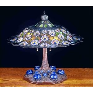Tiffany Style Three Light Peacock Feather Table Lamp with Antique Pewter Finish and Orange Purple Blue Glass by Meyda
