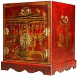 EXP Handmade Asian Furniture - 24" Antique Style Red Leather & Chinoiserie Cabinet - Palace Design