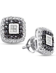 14K White Gold Princess Cut Black and White Diamond - Cross Shape Halo Invisible & Channel Set Studs Earrings with Secure Screw Back Closure - (1/2 cttw.)