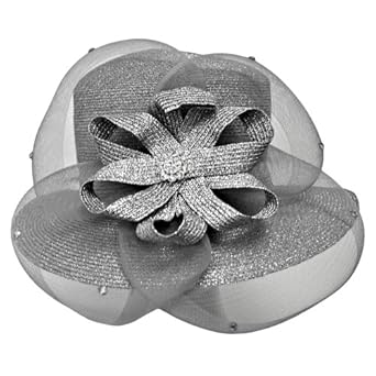 Metallic Silver Fancy Church Hat With Bow & Rhinestone Detail