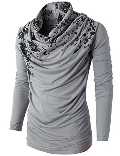 H2H Mens Unique Slim fit Fashionable Designed Shirring Long Sleeve T-shirts GRAY US L/Asia XL (KMTTL0252)
