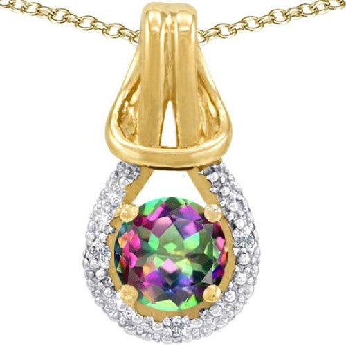 Candygem Genuine 14K Gold Genuine Round Mystic Rainbow Topaz and Diamond Pendant