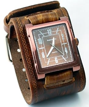 Nemesis #BIN053B Men's Premium Wide Leather Cuff Band Brown IP Square Watch