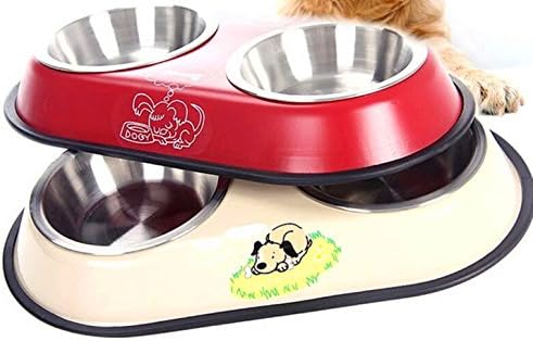 CnHonorable Stainless steel dual-port. Upscale dog bowl. Pet food bowl dog water bowl double bowl (Red)