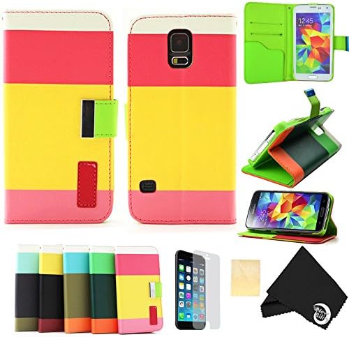 For Samsung Galaxy S5 SV Leather Flip Card Wallet Standing Case Cover Skin NEW (pink-yellow-pink)