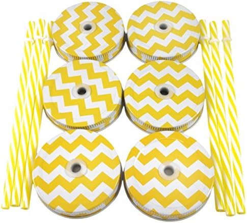 Metal Mason Jar Lids and Plastic Mason Jar Straws Set, Convert Standard Mason Jar to Drinking Glass (6 Pack), Yellow &amp; White Chevron Lids with Yellow &amp; White Stripped Straws