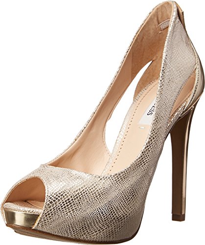 GUESS Women's Harrah 2 Gold Multi Fabric Pump 8.5 M