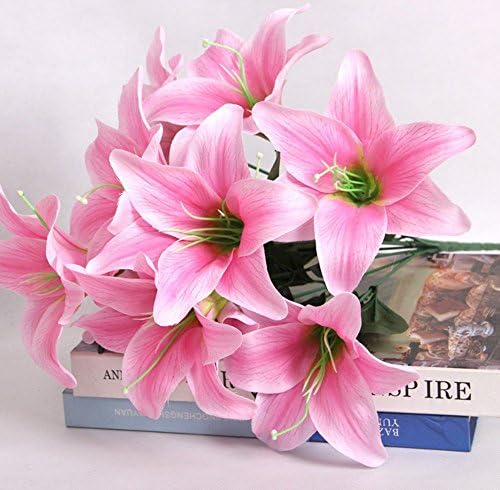 MUXUE 10 Lily artificial flowers, silk screen high imitation Lily artificial flowers, wedding 'home decoration flower vase (Pink)