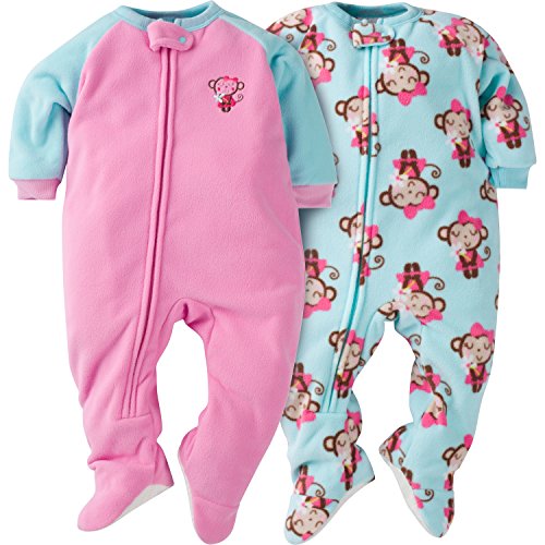 Gerber Girls' 2 Pack Blanket Sleepers, Monkey, 12 Months