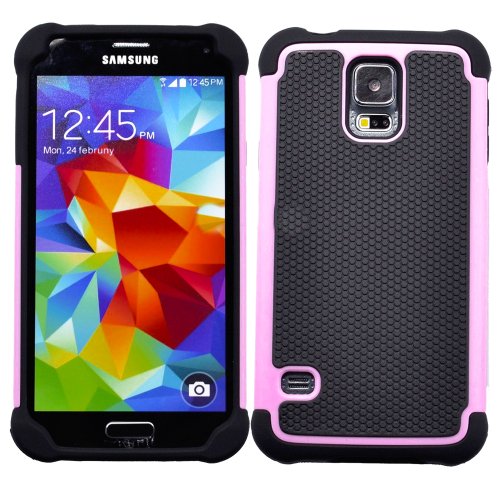 myLife Jet Black and Light Pink - Free Flex Series (2 Layer Hybrid) Slim Armor Case for the NEW Galaxy S5 (5G) Smartphone by Samsung (External Rubberized Hard Shell Flex Piece + Internal Soft Silicone Flexible Bumper Gel)