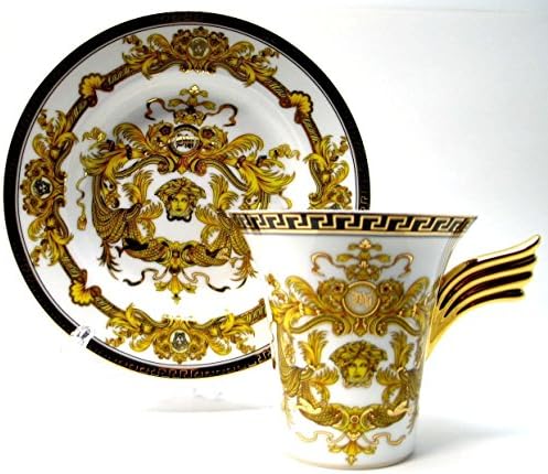 Amazing Porcelain Set of 12 Gold & White Teaware Espresso Cups 5 oz & Saucers, Greek Pattern Medusa Design Gold-plated Ornament