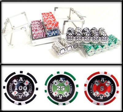 600 Ct Ace Casino Acrylic Poker Chip Set with 6 Clear Chip Trays by Brybelly.com