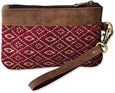 Leather and Red Jacquard Pattern Wristlet