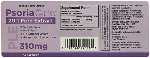 PLE - PsoriaCare all Natural PLE psoriasis suppliments. 310mg Polypodium Leucotomos Extract Vegetarian capsule. No Fillers, no artificial colors. Once Daily.