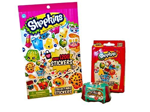 Stocking Stuffer Shopkins bundle of 3: Shopkins sticker book, Shopkins Super Shopper Card Game and 2 Shopkins in a Basket, Series 3