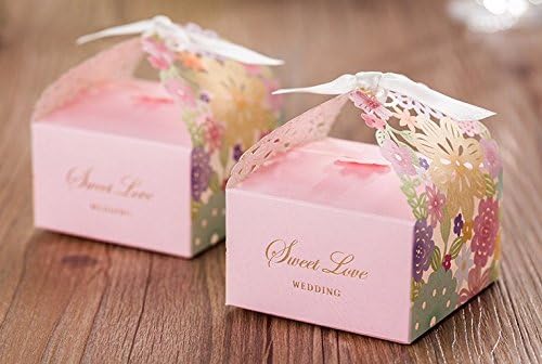 50pcs New Pink Flower Laser Cut Hollow Flower Candy Box Wedding Supplies Birthday Party Favor Guest Gift Bags with Ribbon