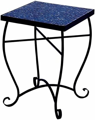 Inlaid Leaf Cutouts mosaic Mosaic Blue Square Side Accent Table. Graceful Curved Legs and a Square Top Patio Table. 23 in High x 16 in Wide x 16 in Long - Assembly Required