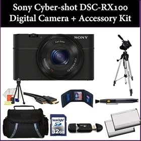 Sony Ciber-shot DCS-RX100 (RX100) Digital Camera Kit. Includes: 32GB Memory Card + Reader, 2 Extended Life Replacement Batteries, Tripod, Carrying Case & More..! DSCRX100/B