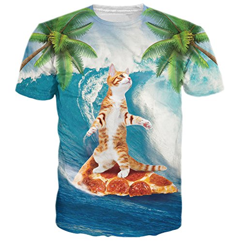 Raisevern Funny Surfing Cat Print Short Sleeve Crewneck Swag T-Shirts Tees M