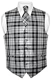 Men's Plaid Design Dress Vest NeckTie Black Gray White Neck Tie Set for Suit or Tuxedo