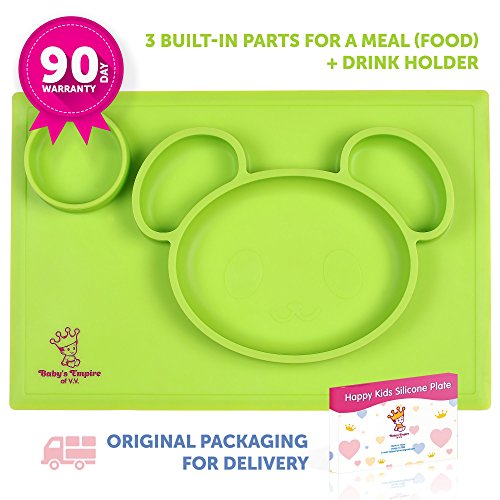 Silicone Placemat + plate with 3 built-in dividers + Cup Holder- for baby and toddlers- non-slip -dishwasher safe,microwave safe,BPA Free-90days warranty-Packaging with protection from damage (Green)