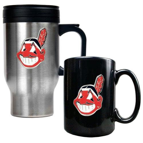 MLB Cleveland Indians Stainless Steel Travel Mug & Black Ceramic Mug Set - Primary Logo