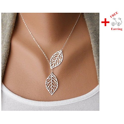 Womens New Necklace Metal Double Leaf Pendant Alloy Choker
