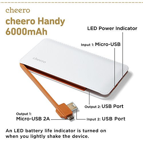 cheero Handy 6000mAh Portable USB Charger Power Bank For iPhone 6 5S 5C 5 4S, iPad Air mini, Galaxy S5 S4 S3, Note 3 4, Tab 4 3 2 Pro, Nexus, HTC One, One 2 (M8), LG G3, Nexus, MOTO X -White