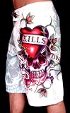 New Ed Hardy By Christian Audigier Love Kills Slowly Tattoo Board Shorts Swim Trunks in White