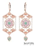 24K Pink Gold Plated over .925 Sterling Silver Chandelier Earrings Designed by Lucia Costin with Suspended Chains, Fancy Charms, Mint Blue and Lilac Swarovski Crystals; Handmade in USA