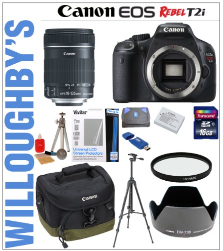 Click To Canon EOS Rebel T2i 18 MP CMOS APS-C Digital SLR Camera with Canon EF-S 18-135mm f/3.5-5.6 IS Lens + Canon EW-73B Lens Hood + Canon LPE8 Spare Battery + 67mm Essential Pro DHD UV Filter + Transcend 16GB SDHC Class 10 Memory Card + Sunpak 6600DX Digital Tripod + Canon Deluxe Gadget Bag & Much More! Willoughby's Est. 1898 Photographic Specialty Bundle Details... Canon EOS Rebel T2i 18 MP CMOS APS-C Digital SLR Camera with Canon EF-S 18-135mm f/3.5-5.6 IS Lens + Canon EW-73B Lens Hood + Canon LPE8 Spare Battery + 67mm Essential Pro DHD UV Filter + Transcend 16GB SDHC Class 10 Memory Card + Sunpak 6600DX Digital Tripod + Canon Deluxe Gadget Bag & Much More! Willoughby's Est. 1898 Photographic Specialty Bundle