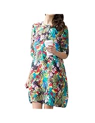 Floral Print Elbow Length Sleeves Linen  Dress