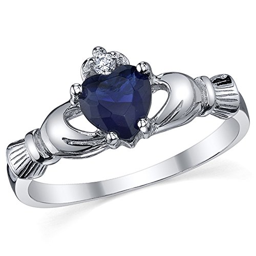 Sterling Silver 925 Irish Claddagh Friendship & Love Simulated Sapphire Blue Heart CZ Cubic Zirconia Ring