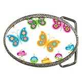 Belt Buckle of Retro Butterflies in 60s Colors (Pink, Blue, Green, and Yellow Butterfly with Flowers)