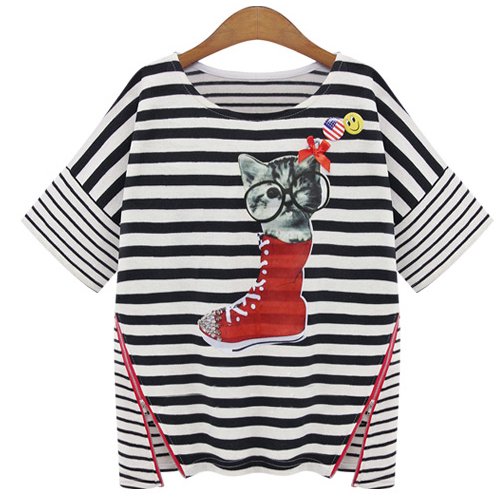 (イイネショップ) eeNeshop アニマル プリント ファスナー ボーダー Tシャツ